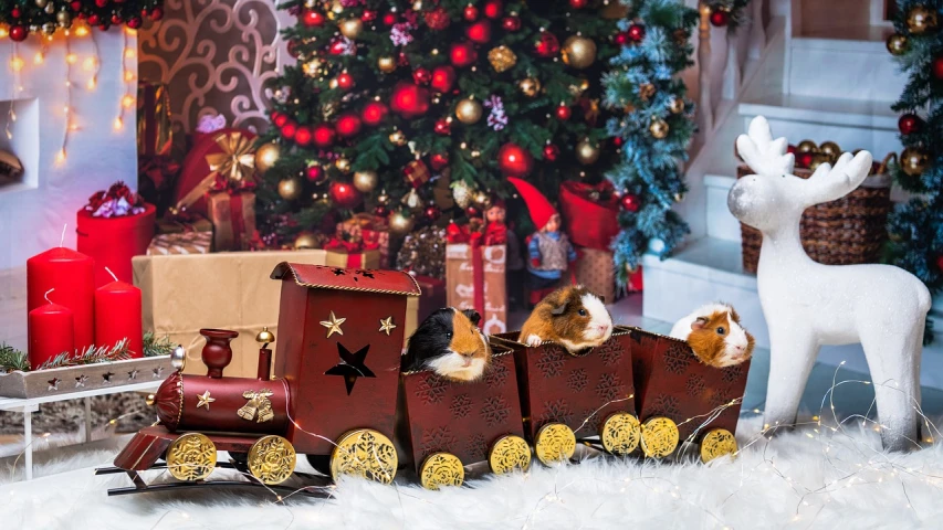 a close up of a toy train near a christmas tree, a portrait, by Zofia Stryjenska, shutterstock, fine art, hamsters holding rifles, set photo, pets, stylized photo