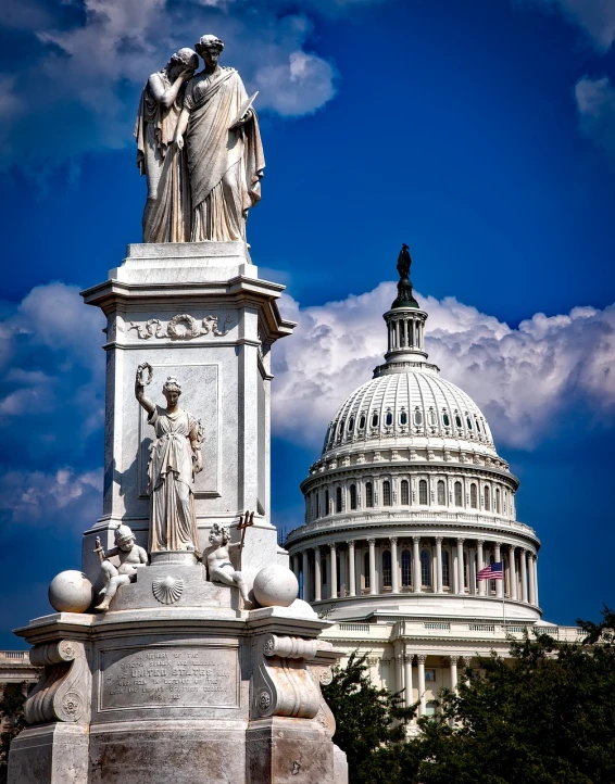 a statue stands in front of the capitol building, a statue, flickr, high resolution image, wallpaper - 1 0 2 4, ceremonial clouds, with great domes and arches