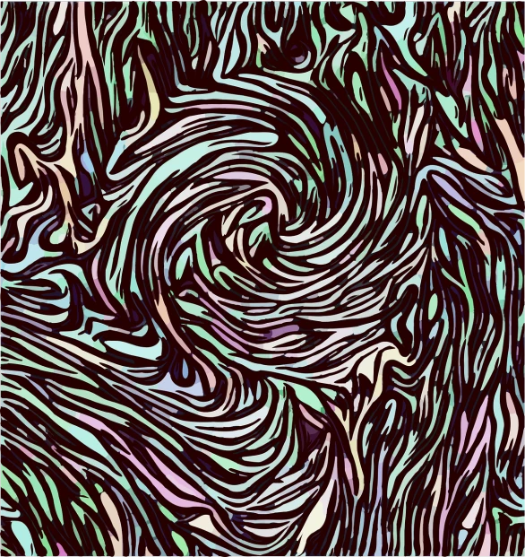 a drawing of a swirl on a black background, inspired by Umberto Boccioni, tumblr, abstract illusionism, mauve and cyan, seamless texture, colorful dark vector, bark
