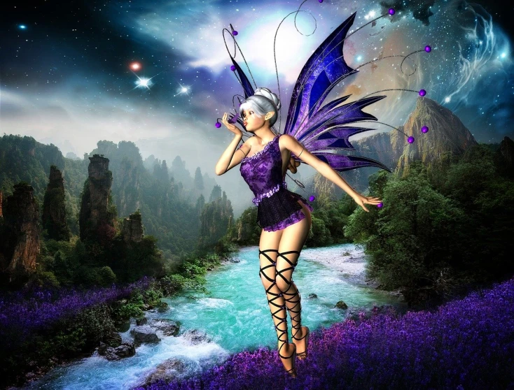 a woman dressed as a fairy standing in a field of purple flowers, an airbrush painting, fantasy art, beauttiful stars, singing for you, a beautiful artwork illustration, magical sparkling lake