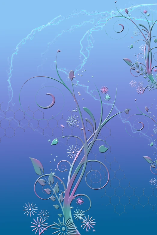 a painting of flowers and vines on a blue background, a digital rendering, flickr, arabesque, abstract 3 d artwork, fantastically pastel colors, flowing wires with leaves, a beautiful artwork illustration
