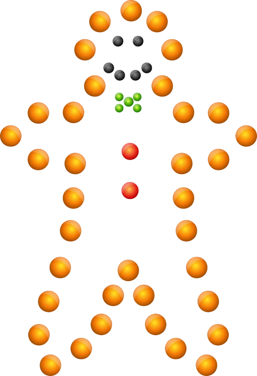 an image of a man made out of oranges, a digital rendering, the glass bead game, centered position, insibidi symbols, colored dots