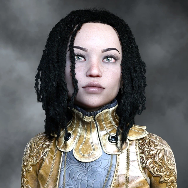 a close up of a person wearing a costume, a character portrait, inspired by Constance-Anne Parker, digital art, high detail 3 d render, mixed race woman, female knight, looks like christina ricci