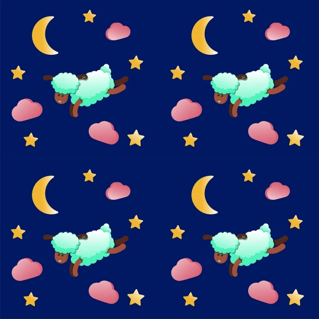 a pattern of sheep and stars on a blue background, by Sailor Moon, tumblr, naive art, flying trees and park items, tileable, goodnight, satin