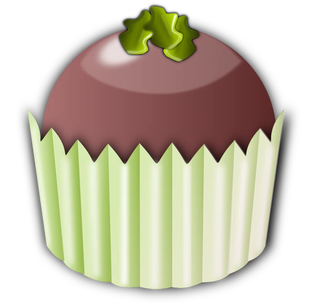 a chocolate cupcake with a green bow on top, a digital rendering, wikihow illustration, black, pleasant, on a black background