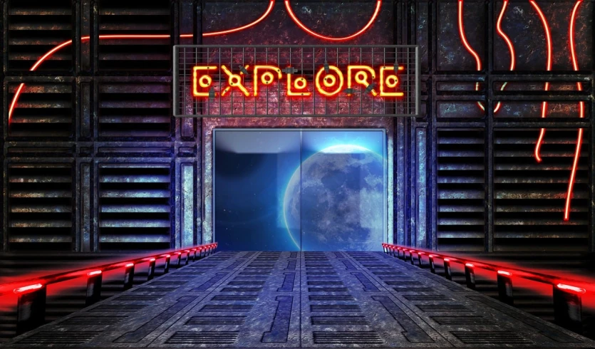 a picture of the entrance to a space station, by Wayne England, magic lab background, [[empty warehouse]] background, explorers, night club