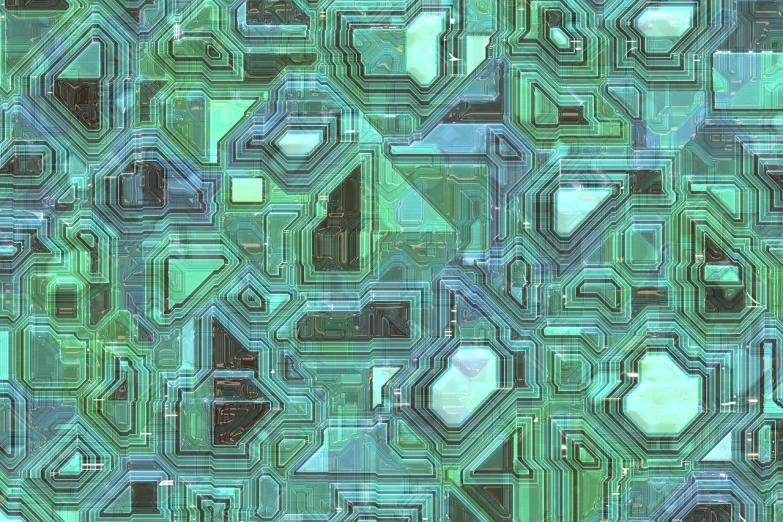 a close up of a pattern of squares and rectangles, a digital rendering, futurism, circuit boards))))), green steampunk lasers, teals, isolated background