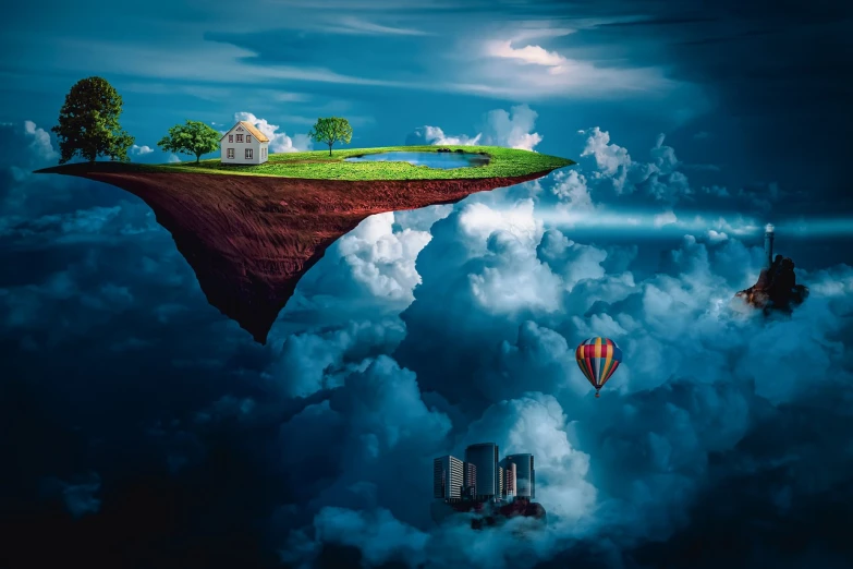 a floating island with a house and a hot air balloon in the sky, pixabay contest winner, surrealism, high quality fantasy stock photo, the village on the cliff, floating city on clouds, sky bridges
