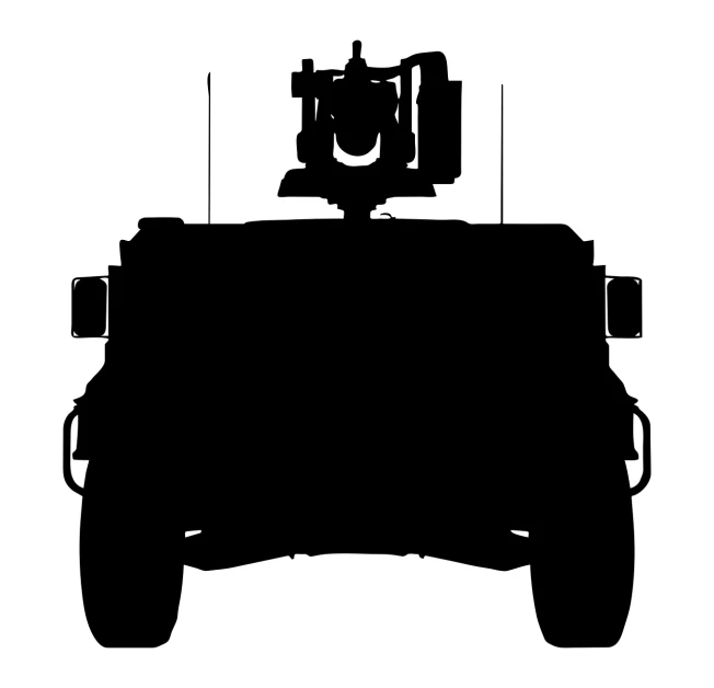 a military vehicle silhouetted against a white background, digital art, front facing camera, top down camera angle, halo array, looking across the shoulder