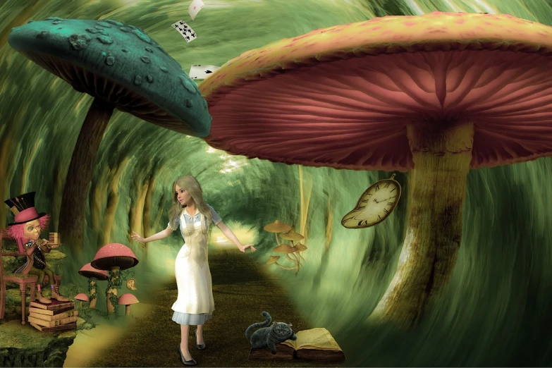 a woman standing in the middle of a forest with lots of mushrooms, inspired by Alice Prin, pop surrealism, alice attends mad tea party, edited in photoshop, in a liminal underground garden, walking down