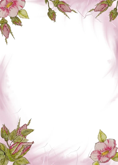 a frame with pink flowers and green leaves, a digital painting, inspired by Katsushika Ōi, romanticism, graffiti _ background ( smoke ), sheet paper, [ [ soft ] ], half image