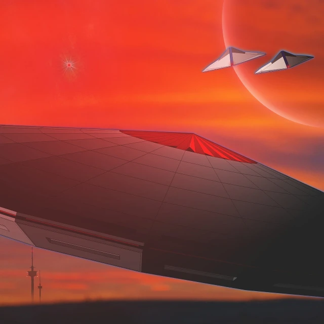 a couple of paper airplanes flying over a red sky, concept art, cg society contest winner, futurism, hexagonal planetary space base, morning detail, futuristic dome, sleek interceptor profile