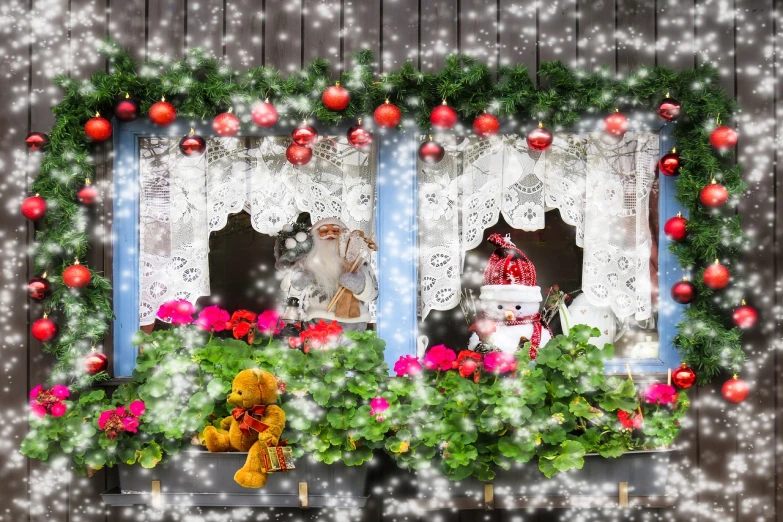 a couple of teddy bears sitting on a window sill, a photo, by Igor Grabar, fine art, glittering silver ornaments, flowers exploding and spraying, santa's workshop, garden with flowers background