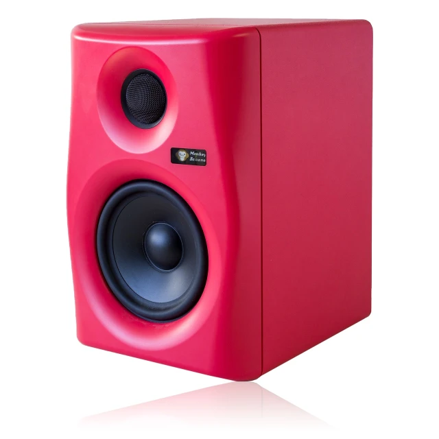 a red speaker sitting on top of a white surface, a pastel, by Ella Guru, professional product photography, monitors, dj, 3/4 front view