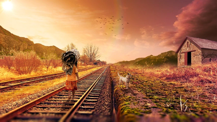 a woman walking down a train track with an umbrella, a picture, magical realism, octane render a lonely rainbow, woman and cat, traveling long dirt road, beautiful random images