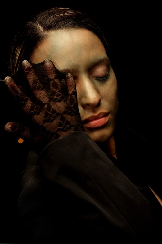 a woman with her hands on her face, inspired by Ignacy Witkiewicz, flickr, art photography, black gloves, adim kashin, “loss of inner self, translucent skin