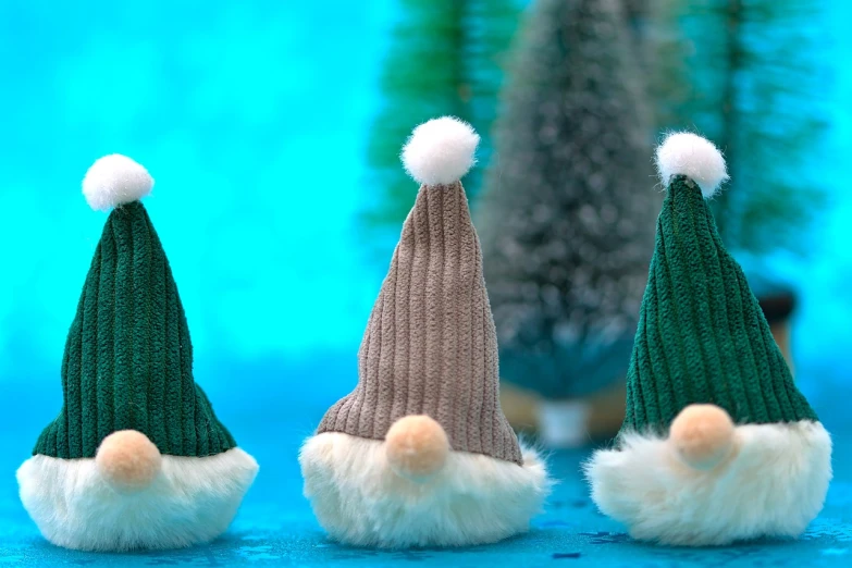 three gnome hats sitting on top of a table, a tilt shift photo, inspired by Ernest William Christmas, pexels, folk art, wrapped blue background, green fur, model trees, in a row