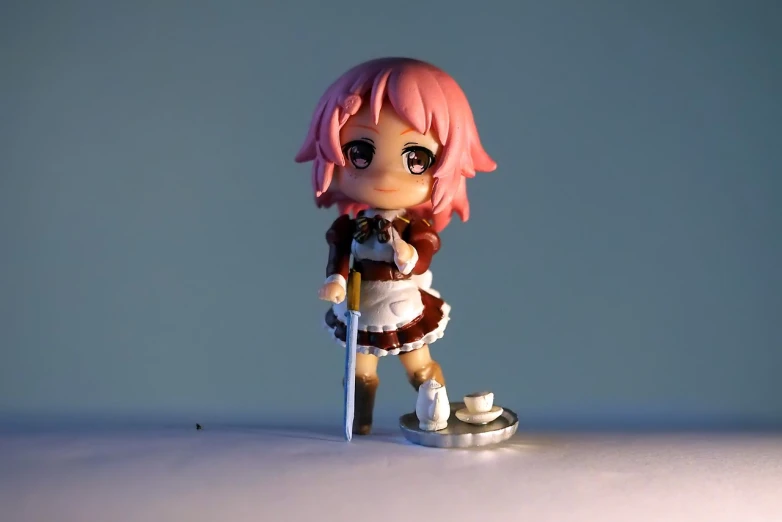 a figurine of a girl with pink hair holding a sword, a picture, figuration libre, 2 4 mm iso 8 0 0 color, ( waitress ) girl, kettle, ((pink))
