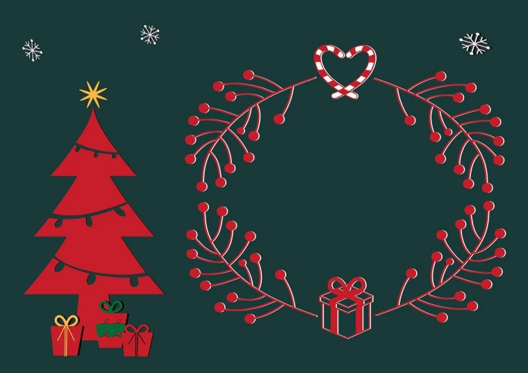 a wreath, a christmas tree, a gift box, and a candy cane cane cane cane cane cane cane cane cane cane cane cane cane cane, a digital rendering, inspired by Ernest William Christmas, pexels, folk art, vector line - art style, website banner, christmas night, blank