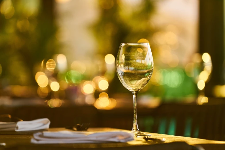 a glass of wine sitting on top of a wooden table, shutterstock, bokeh on background, restaurant menu photo, gold hour light, stock photo