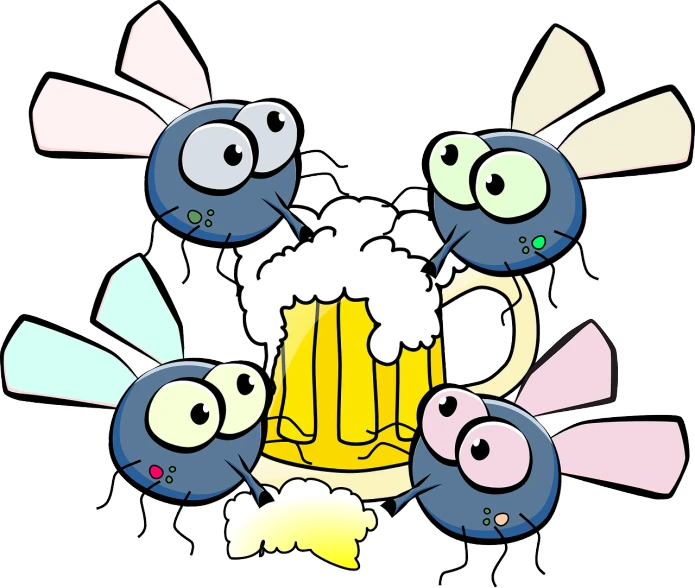 a group of flies with a mug of beer, an illustration of, by Tuvia Beeri, shutterstock, conceptual art, clipart, flashing eyes, 3 4 5 3 1, parties