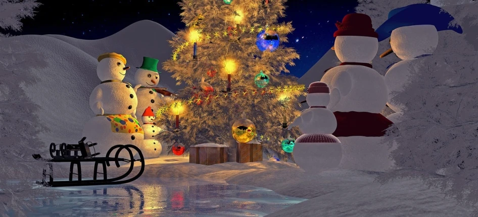 a group of snowmen standing next to a christmas tree, a digital rendering, by Igor Grabar, mobile wallpaper, crystal lights, with lots of thin ornaments, it glows from the outside