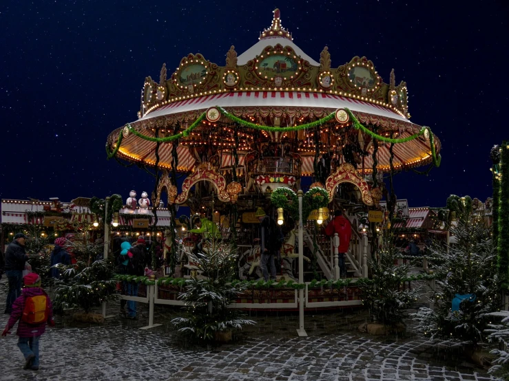 a merry merry merry merry merry merry merry merry merry merry merry merry merry merry merry merry merry, a tilt shift photo, by Aleksander Gierymski, shutterstock, baroque, carousel, winter night, hdr photo, highly detailed. post processing