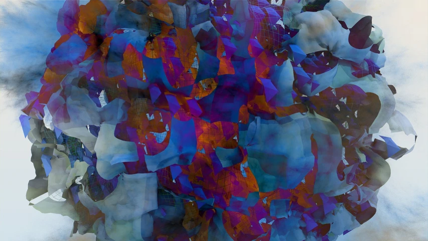 a close up of a painting of a bunch of flowers, a digital painting, inspired by Anna Füssli, flickr, lyrical abstraction, shards and fractal of infinity, strong blue and orange colors, evening at dusk, abstract cloth simulation