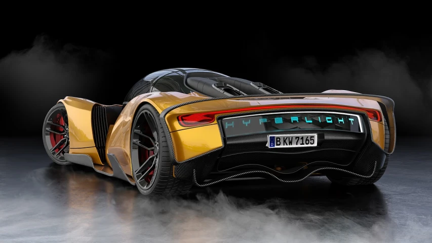a yellow and black sports car with smoke coming out of it, a 3D render, inspired by Harry Haenigsen, trending on zbrush central, synthetism, rear-shot, hyperrealistic 8k uhd, futuristic precious metals, mclaren