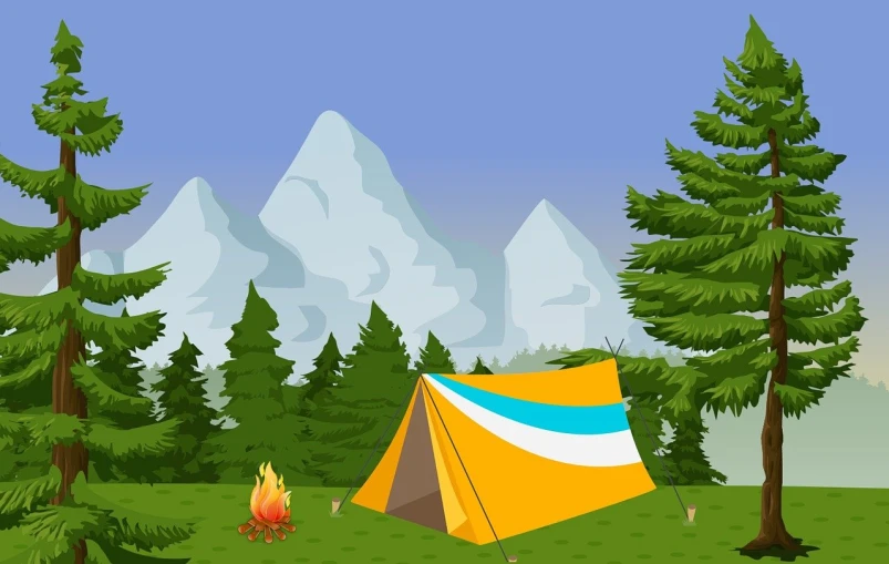 a yellow tent sitting on top of a lush green field, an illustration of, shutterstock, campfire background, low polygons illustration, mountain forest in background, high detail illustration