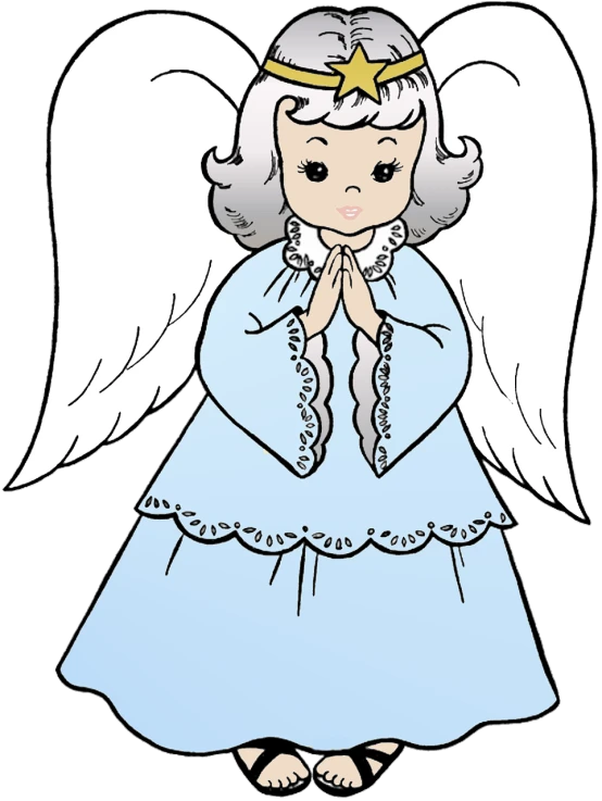 an angel with a star on her head, inspired by Marie Angel, pixabay, sōsaku hanga, wearing! robes!! of silver, prayer hands, grandma, she has pale blue skin!!!