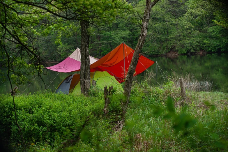 a couple of tents that are in the grass, flickr, in karuizawa, ❤🔥🍄🌪, campy color scheme, near pond