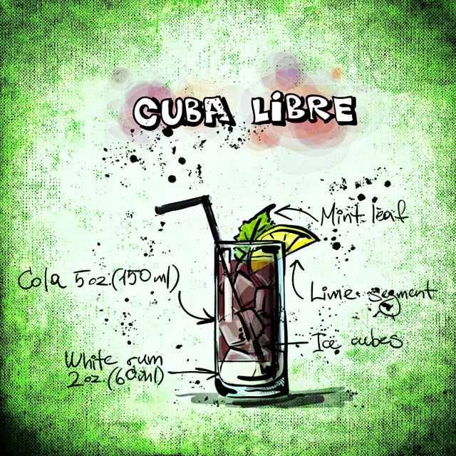 a drawing of a drink with a lime garnish garnish garnish garnish garnish garnish garn, by Federico Uribe, figuration libre, cuba, with labels. high quality, mixed media style illustration, sketch illustration