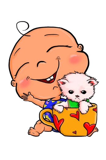 a baby holding a kitten in a cup, a digital rendering, pop art, mascot illustration, a bald, kissing smile, full color illustration