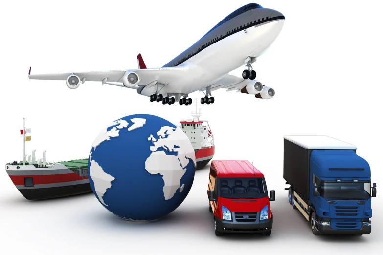 a group of trucks and a plane flying over a globe, a digital rendering, shutterstock, modernism, white background, train, watch photo, full body close-up shot