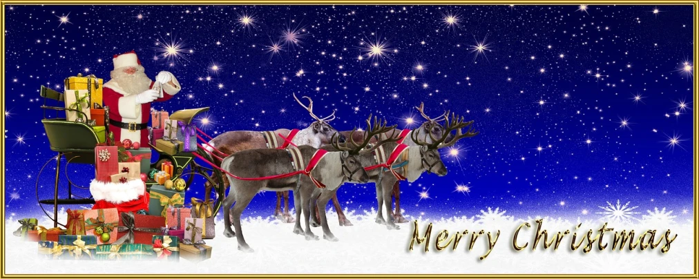 a group of reindeers pulling a sleigh full of presents, a photo, inspired by Rudolph F. Ingerle, pixabay, fine art, front trading card, stars, avatar image, shiny silver with gold trim