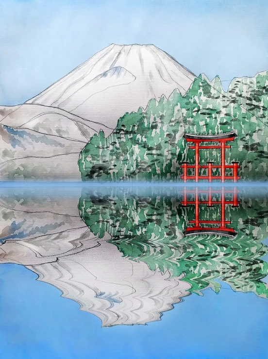 a painting of a red tori tori tori tori tori tori tori tori tori tori tori tori tori, an ultrafine detailed painting, inspired by Torii Kiyomoto, shutterstock, reflecting mount fuji, highly detailed water colour 8 k, high quality colored sketch, reflections ray