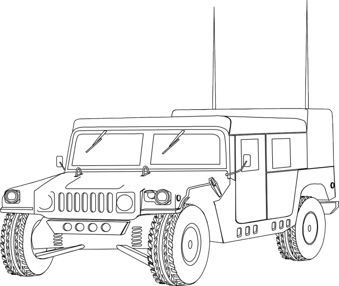 a black and white drawing of a military vehicle, lineart, minimalism, wikimedia, humvee, black and white color only, outside
