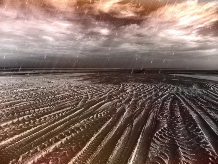 a black and white photo of a snow covered field, a digital rendering, inspired by Henri Biva, sand and sea, raining at night, sandy colours, striations