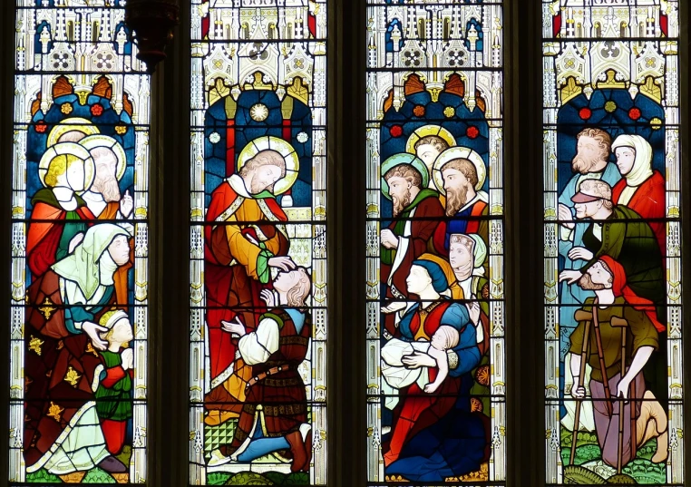 a group of stained glass windows in a church, inspired by J. W. Tristram, beaten, in detail, random and dramatic scene, the birth