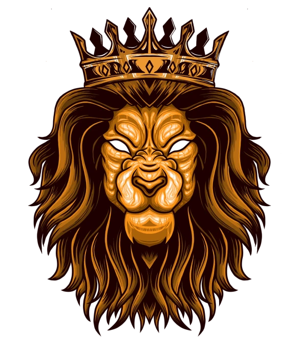 a lion with a crown on its head, vector art, with a black background, sharp high detail illustration, cartoon style illustration, concept art design illustration