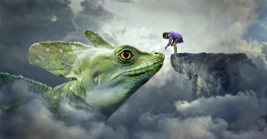 a man standing on top of a cliff next to a lizard, a surrealist painting, inspired by Igor Morski, pixabay contest winner, magic realism, frog perspective, a dragon made of clouds, teenage girl riding a dragon, face to face