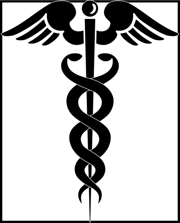 a black and white cadus symbol on a white background, by Matt Stewart, deviantart, hurufiyya, medical labels, (doctor), 1128x191 resolution, an art deco