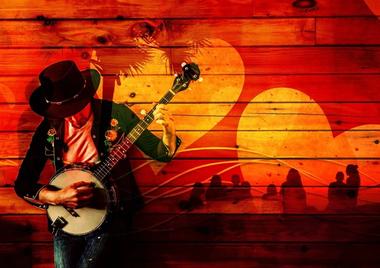 a man in a cowboy hat playing a banjo, trending on pixabay, digital art, red sun over paradise, rock musicians on the stage, age 2 0, random background scene