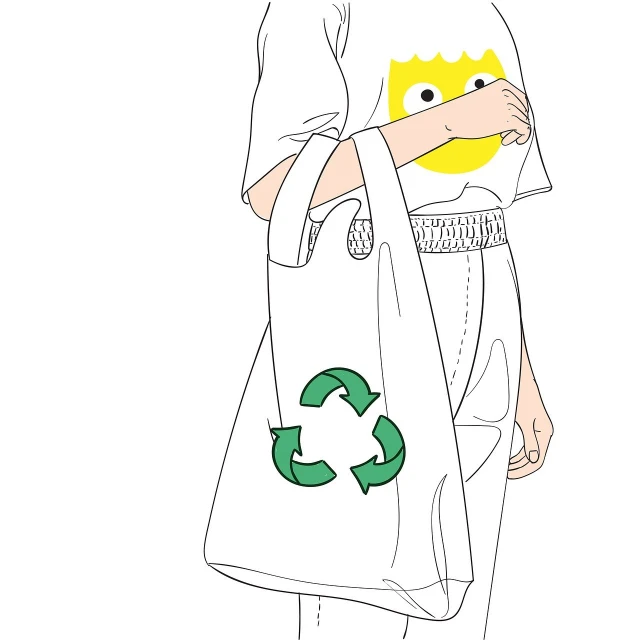 a person holding a bag with a smiley face on it, an illustration of, by Nishida Shun'ei, tumblr, process art, ecology, 2 d render, full lenght view. white plastic, color vector