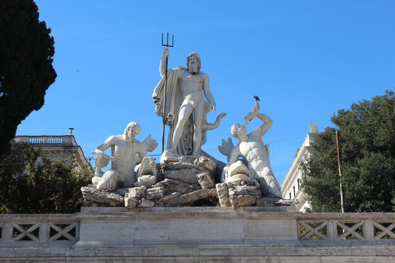 a statue of a man standing on top of a pile of rocks, by Antonio Cavallucci, pixabay, neoclassicism, 3 nymphs circling a fountain, the god poseidon, torri gate, the city of atlantis