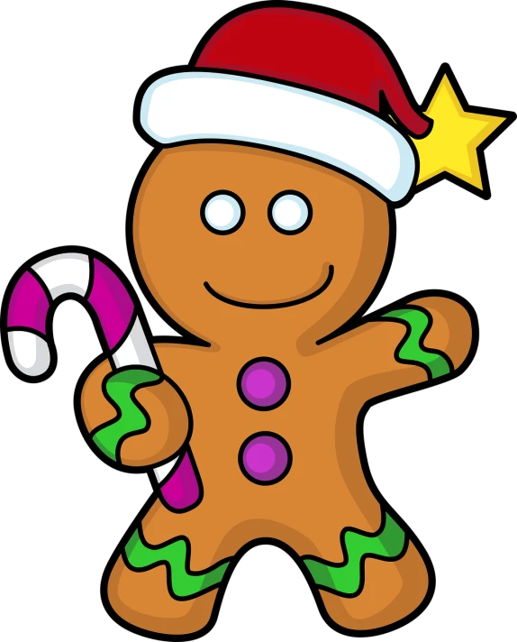 a cartoon ginger man holding a candy cane, a digital rendering, pixabay, naive art, with a black background, patrick star, wearing a santa hat, gingerbread people