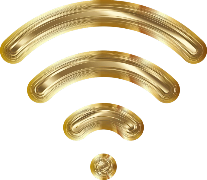 a golden wifi icon on a black background, an illustration of, by Robert Peak, net art, made of polished broze, japan, - h 1 0 2 4, rippling