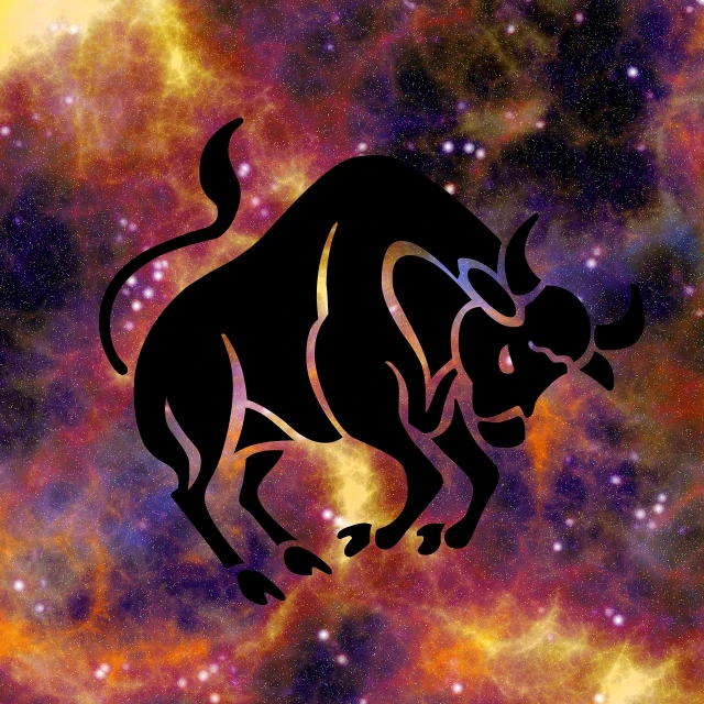 a silhouette of a bull on a galaxy background, major arcana sky, high res photo, icon, ferocious appearance