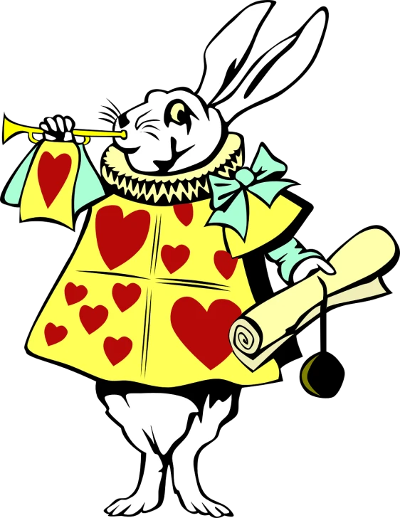 a white rabbit in a yellow dress holding a roll of paper, inspired by Sir John Tenniel, romanticism, queen of hearts, with a black background, hearts, instrument